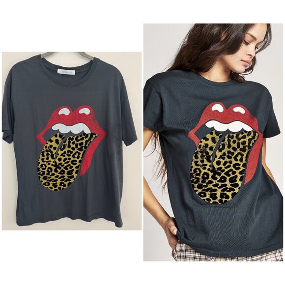 Daydreamer x Free People Rolling Stones Leopard Tongue Tee in Ash - Picture 1 of 7
